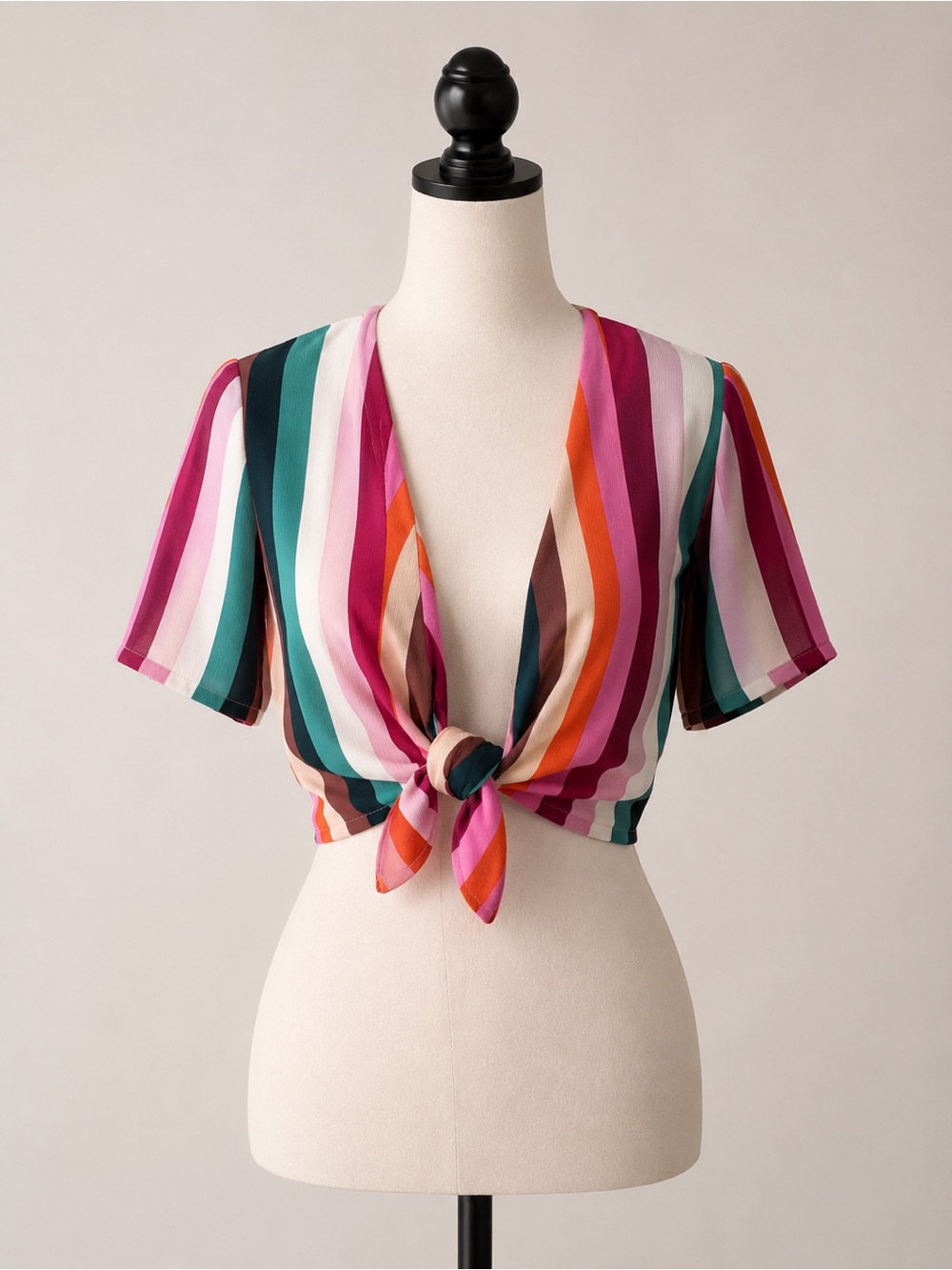 Soprano Rainbow Stripe Tie Front Crop Top Boho Festival Size L